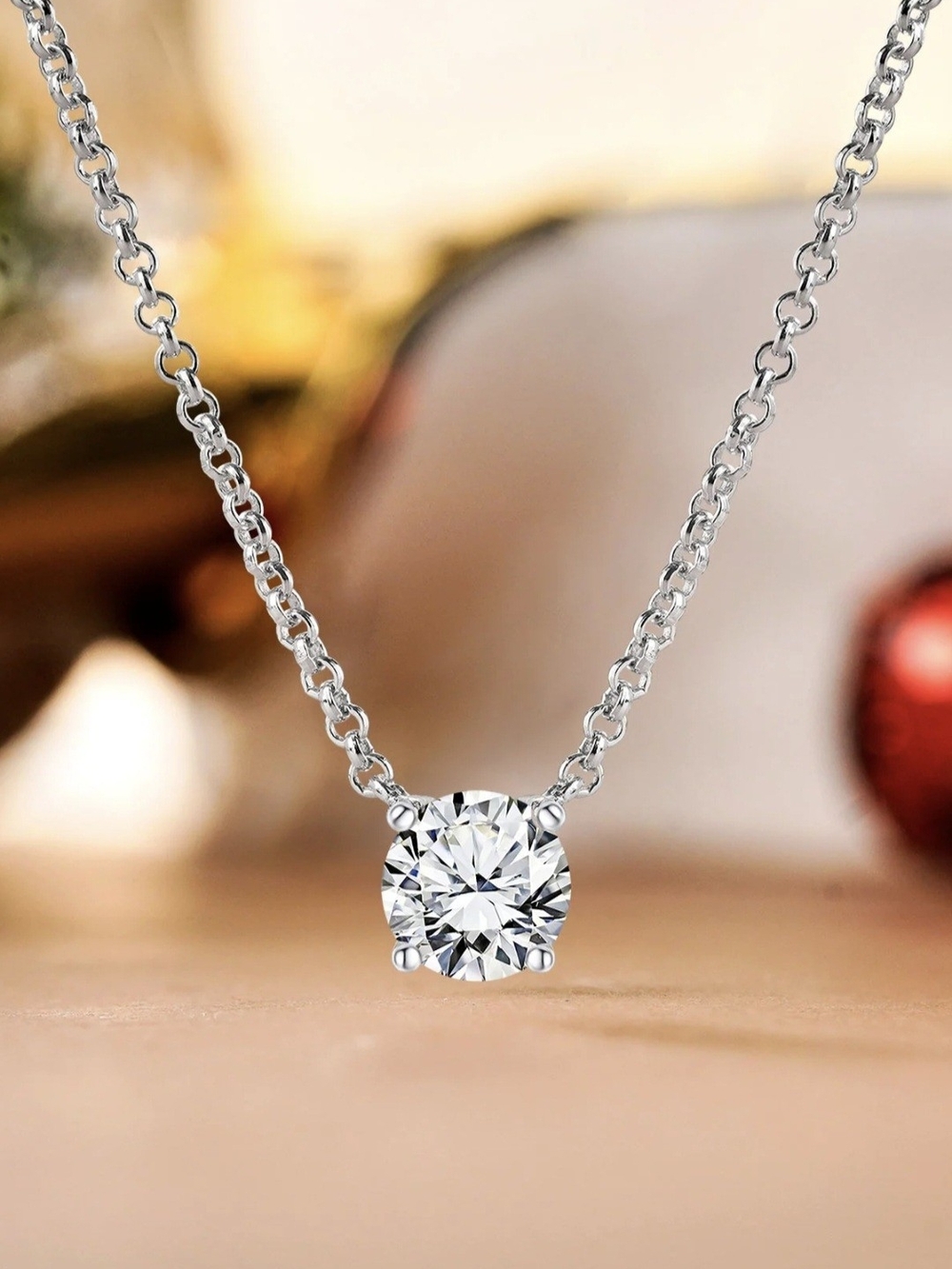 JeenMata Round Cut Solitaire Necklace 18K White Gold Plated Silver sz 18"
